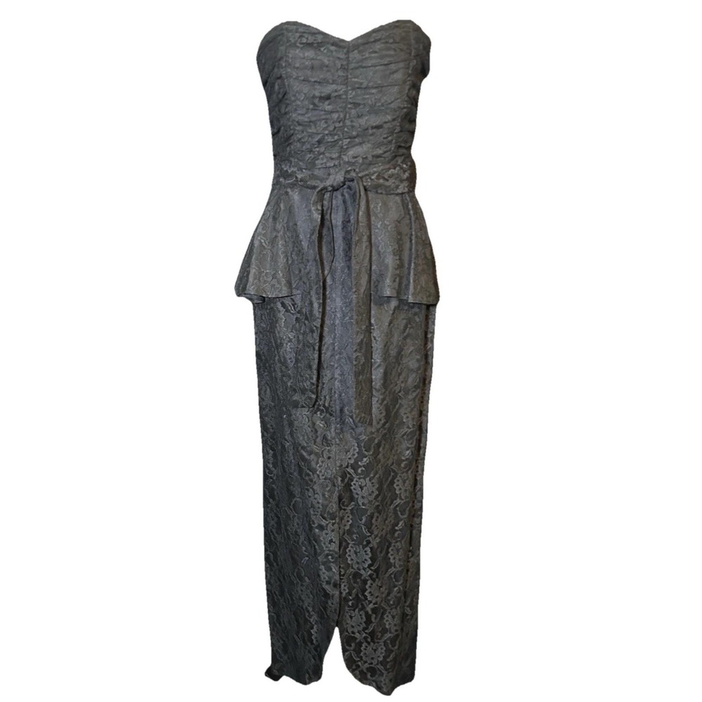 Vintage Strapless Bustier Dress Gown Black Lace Satin Pencil Peplum Witchy